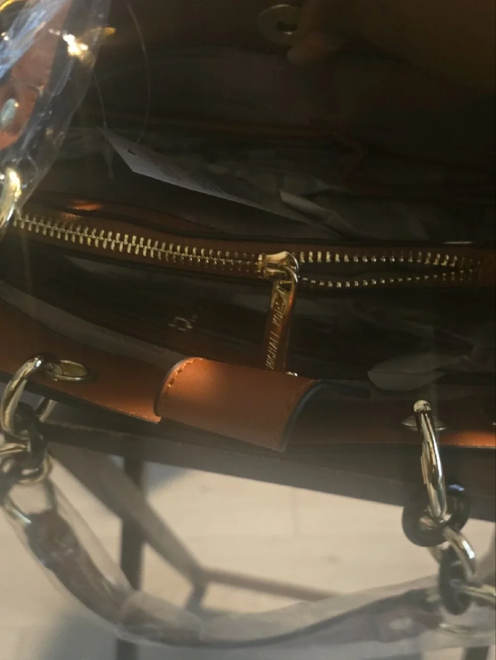 Michael Kors Dark Brown MK Logo Tote with Tan Sides and Gold Accents